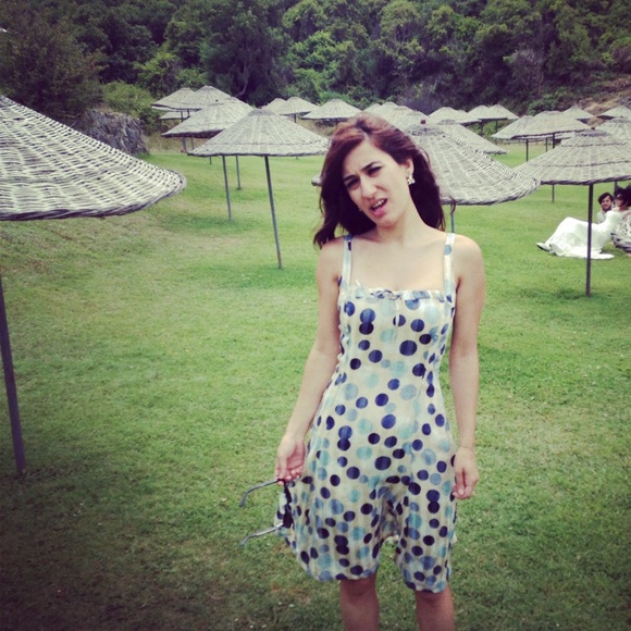 Blue and white cocktail dress with polka dots. - Picture 2 of 3